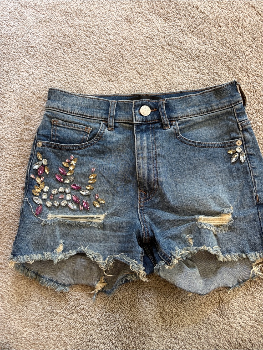Express Blue Denim Shorts with Pink & Gold Jewel Accents